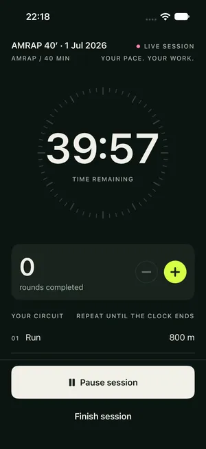 An active workout showing the countdown timer and the current movement.