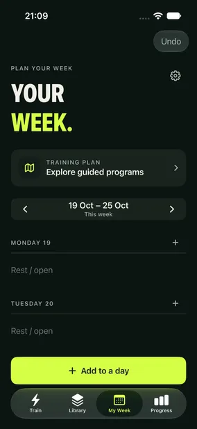 A manually arranged week with planned sessions and rest days.