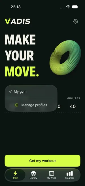 The Train screen with the My gym profile selector open above the workout-time ruler.