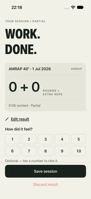A saved result screen recording the completed session.