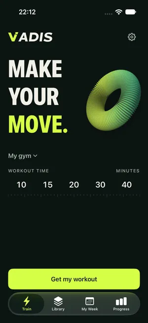 The Train screen: a gym-profile selector and a time ruler above a Get my workout button.