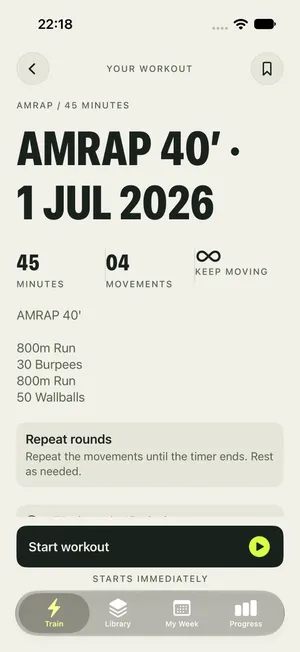 A workout detail screen listing the movements and doses before the timer starts.